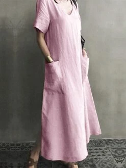 Women's Linen Dress Shift Dress Midi Dress Black Pink Apricot Short Sleeve Pure Color Pocket Summer Spring Fall Crew Neck Basic Loose Fit 2023 M L XL 2XL 3XL 4XL 5XL -HANA Luxury Wear Shop figpwy1659356759928