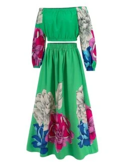 Women's Two Piece Dress Set Casual Dress Skirt Set Daily Going Out Casual Ruched Print Long Dress Maxi Dress Off Shoulder Long Sleeve Floral Regular Fit Blue Green Rose Red Fall Winter S M L XL XXL -HANA Luxury Wear Shop fihtnx1692339433601