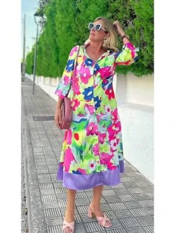 Women's Shirt Dress Casual Dress Midi Dress Outdoor Daily Vacation Polyester Fashion Modern Shirt Collar Button Print Long Sleeve Summer Spring Fall 2023 Loose Fit Purple Floral S M L XL 2XL -HANA Luxury Wear Shop fixjnt1692674991277