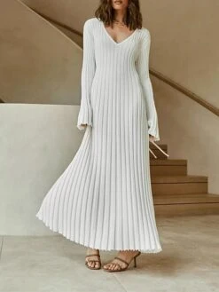Women's Sweater Dress Jumper Dress Casual Dress Long Dress Maxi Dress Active Pure Color Outdoor Casual Holiday Vacation V Neck Long Sleeve Ruched 2023 Regular Fit Black White Apricot S M L -HANA Luxury Wear Shop fjmkzf1692090205380