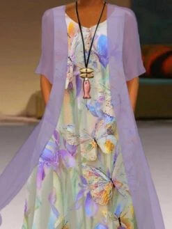 Women's Dress Set Two Piece Dress A Line Dress Maxi Long Dress Light Green Purple Short Sleeve Animal Ruched Spring Summer Crew Neck Casual Daily Vacation 2023 S M L XL XXL 3XL -HANA Luxury Wear Shop fjnkfc1664181150355