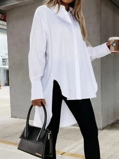 Women's Shirt Dress Casual Dress Mini Dress Outdoor Daily Vacation Cotton Fashion Modern Shirt Collar Button Split Long Sleeve Fall Winter 2023 Loose Fit Black White Blue Pure Color XS S M L XL -HANA Luxury Wear Shop fksoku1695813921456