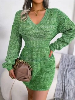 Women's Sweater Dress Winter Dress Jumper Dress Mini Dress Ruched Daily Date Going Out Active Fashion V Neck Long Sleeve 2023 Regular Fit Red Blue Green Color S M L Size -HANA Luxury Wear Shop fkylxj1692862253707