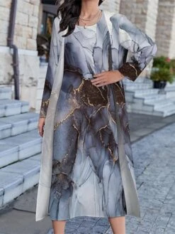 Women's Dress Set Two Piece Dress Shift Dress Midi Dress Dusty Blue Long Sleeve Print Print Summer Spring Crew Neck Stylish Winter Dress Fall Dress Loose Fit 2023 S M L XL XXL 3XL 4XL 5XL -HANA Luxury Wear Shop flaray1663919423619