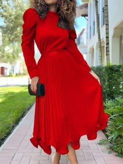 Women's Two Piece Dress Set Party Dress Skirt Set Party Wedding Guest Fashion Party Pleated Ruffle Midi Dress Stand Collar Long Sleeve Plain Loose Fit White Yellow Red Fall Winter S M L XL XXL -HANA Luxury Wear Shop flfusf1697597416812