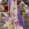 Women's Two Piece Dress Set Print Dress Daily Vacation Casual Print Maxi Dress V Neck 3/4 Length Sleeve Floral Loose Fit White Purple Green Summer Spring S M L XL XXL -HANA Luxury Wear Shop fmanpu1677121635769