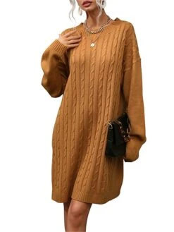 Women's Sweater Dress Jumper Dress Casual Dress Mini Dress Warm Pure Color Outdoor Casual Daily Going Out Crew Neck Long Sleeve 2023 Loose Fit Camel S M L -HANA Luxury Wear Shop fmjslh1695106686351