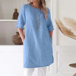 Women's Cotton Linen Dress A Line Dress Mini Dress Cotton Cotton Blend Casual Comfort Home Split Neck Pocket Rolled Cuff Half Sleeve Summer Spring Loose Fit Pink Light Blue Gray Pure Color S M L XL -HANA Luxury Wear Shop fmvzdn1651741057233