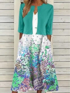 Women's Two Piece Dress Set Casual Dress Print Dress Outdoor Daily Active Modern Pocket Print Midi Dress V Neck Half Sleeve Floral Regular Fit White Red Green Summer Spring S M L XL XXL -HANA Luxury Wear Shop fnjbtj1680587531638