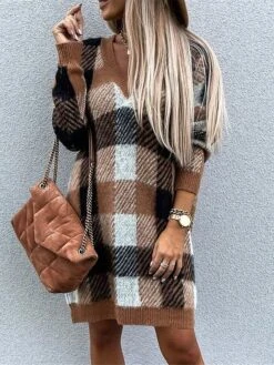 Women's Sweater Dress Winter Dress Jumper Dress Mini Dress Fashion Plaid Daily Date Going Out Weekend V Neck Long Sleeve Patchwork 2023 Regular Fit Khaki S M L XL -HANA Luxury Wear Shop fnuxwp1694591718938