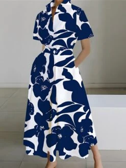 Women's Shirt Dress Casual Dress Swing Dress Maxi Long Dress Outdoor Office Daily Polyester Fashion Modern Shirt Collar Button Pocket Short Sleeve Summer Spring 2023 Loose Fit Yellow Red Navy Blue