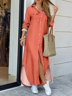 Women's Shirt Dress Casual Dress Maxi Long Dress Outdoor Daily Vacation Polyester Fashion Classic Shirt Collar Button Pocket Long Sleeve Spring Fall Winter 2023 Regular Fit Black Pink Wine Plain S M -HANA Luxury Wear Shop fomwox1691648552138