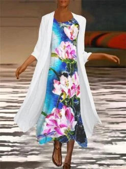 Women's Two Piece Dress Set Casual Dress Chiffon Dress Outdoor Office Fashion Casual Print Midi Dress Crew Neck 3/4 Length Sleeve Floral Loose Fit Blue Green Summer Spring M L XL XXL 3XL -HANA Luxury Wear Shop foqahr1680257463476