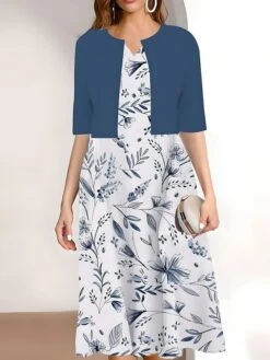 Women's Two Piece Dress Set Casual Dress Print Dress Outdoor Daily Fashion Work Print Midi Dress V Neck Half Sleeve Floral Regular Fit Pink Wine Navy Blue Summer Spring S M L XL XXL -HANA Luxury Wear Shop foxjxp1689669894969