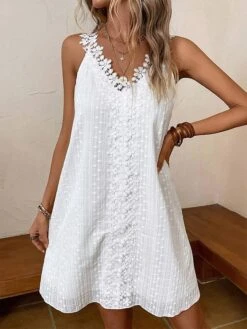 Women's Casual Dress Cotton Linen Dress White Dress Midi Dress Cotton Blend Fashion Modern Outdoor Daily Holiday V Neck Lace Sleeveless Summer Spring 2023 Loose Fit White Plain S M L XL 2XL