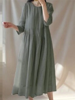 Women's Casual Dress Cotton Linen Dress Swing Dress Midi Dress Cotton Blend Basic Casual Outdoor Daily Vacation Crew Neck Ruched Pocket 3/4 Length Sleeve Summer Spring 2023 Loose Fit Yellow Gray Plain -HANA Luxury Wear Shop fpubze1679032722570