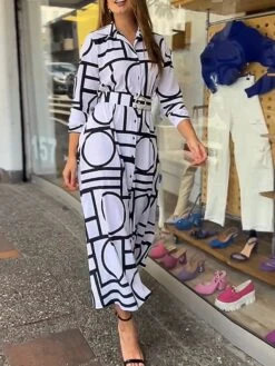 Women's Shirt Dress Casual Dress Maxi Long Dress Outdoor Daily Vacation Polyester Fashion Modern Shirt Collar Button Print Long Sleeve Summer Spring Fall 2023 Loose Fit White Geometric Color Block S -HANA Luxury Wear Shop fqdvlw1691750128543