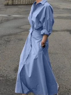 Women's Shirt Dress Casual Dress Work Dress Maxi Long Dress Outdoor Daily Cotton Basic Classic Shirt Collar Button Long Sleeve Summer Spring Fall 2023 Loose Fit Black Sky Blue Khaki Pure Color S M L -HANA Luxury Wear Shop fqfwve1688536804313