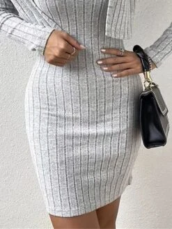 Women's Two Piece Dress Set Casual Dress Sweater Dress Outdoor Daily Fashion Ethnic Ribbed Mini Dress Strap Short Sleeve Plain Regular Fit Gray Fall Winter S M L XL -HANA Luxury Wear Shop fqmqgf1695105665882