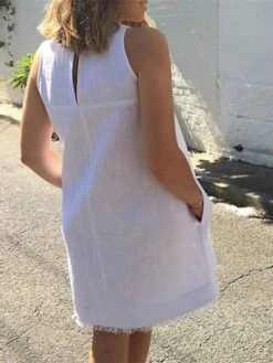Women's Casual Dress Cotton Linen Dress White Dress Mini Dress Cotton Blend Casual Outdoor Daily Vacation Crew Neck Pocket Sleeveless Summer Spring 2023 Loose Fit Black White Yellow Pure Color S M L -HANA Luxury Wear Shop fracgz1680163648310