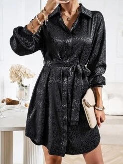 Women's Shirt Dress Midi Dress Outdoor Date Vacation Satin Fashion Elegant Shirt Collar Lace Up Button Long Sleeve Spring Fall Winter 2023 Loose Fit Black Wine Brown Pure Color S M L XL -HANA Luxury Wear Shop fsxllr1692856948167