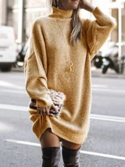 Women‘s Sweater Dress Winter Dress Green Khaki Light Gray Light Blue Long Sleeve Pure Color Knit Winter Fall Turtleneck Basic Casual Fit 2022 S M L XL XXL 3XL 4XL -HANA Luxury Wear Shop ftfqds1667982264493