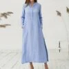 Women's Cotton Dress Pajamas Nightgown Nighty Pure Color Retro Comfort Home Daily Stand Collar Long Sleeve Button Summer Fall Spring White Blue -HANA Luxury Wear Shop ftuuec1654067372584
