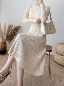 Women's Sweater Dress Jumper Dress Casual Dress Midi Dress Fashion Pure Color Outdoor Daily Going Out Crew Neck Long Sleeve 2023 Slim Black Blue Apricot One Size -HANA Luxury Wear Shop ftwztu1696670414061