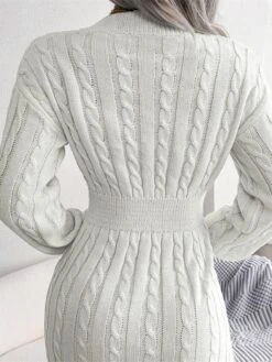 Women‘s Sweater Dress Winter Dress Sheath Dress Blue Khaki White Long Sleeve Pure Color Knit Winter Fall V Neck Fashion Classic Lantern Sleeve Fit 2022 S M L White Dress -HANA Luxury Wear Shop fukqqg1662432827573