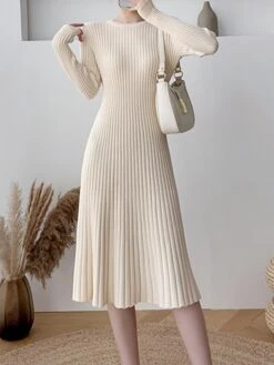 Women's Sweater Dress Jumper Dress Casual Dress Midi Dress Fashion Pure Color Outdoor Daily Going Out Crew Neck Long Sleeve 2023 Slim Black Blue Apricot One Size -HANA Luxury Wear Shop fumnuj1696670412178