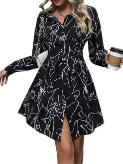 Women's Shirt Dress Casual Dress Mini Dress Outdoor Daily Date Polyester Fashion Modern Shirt Collar Lace Up Button Long Sleeve Fall Winter 2023 Regular Fit Black Geometric S M L XL -HANA Luxury Wear Shop fundki1695367370008