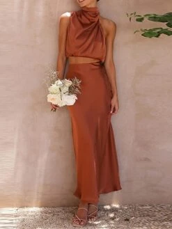 Women's Two Piece Dress Set Casual Dress Skirt Set Daily Holiday Fashion Sexy Ruched Long Dress Maxi Dress Stand Collar Sleeveless Plain Regular Fit Black White Light Green Summer Spring S M L XL -HANA Luxury Wear Shop furdpj1690857205084