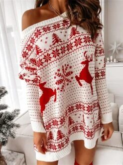Women‘s Christmas Sweater Dress Jumper Dress Winter Dress Fashion Ugly Christmas Outdoor Christmas Daily Going Out Crew Neck Long Sleeve Patchwork 2023 Loose Fit White Red S M L XL -HANA Luxury Wear Shop fuvkma1694602154476