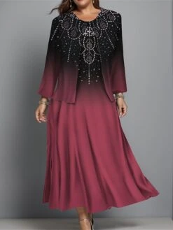 Women's Plus Size Two Piece Dress Set Casual Dress Swing Dress Outdoor Office Fashion Streetwear Print Midi Dress Crew Neck Long Sleeve Geometric Ombre Regular Fit Blue Purple Green Fall Winter L XL