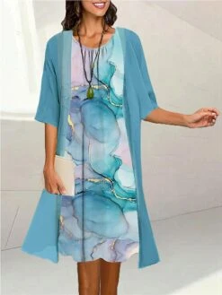 Women's Two Piece Dress Set Casual Dress Print Dress Outdoor Daily Fashion Elegant Print Midi Dress Crew Neck 3/4 Length Sleeve Ombre Marble Print Loose Fit Black Light Green Pink Summer Spring S M L -HANA Luxury Wear Shop fwjrbf1690171186845