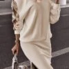 Women's Two Piece Dress Set Casual Dress Sequin Dress Daily Date Fashion Streetwear Patchwork Hollow Out Midi Dress V Neck Long Sleeve Plain Loose Fit Apricot Fall Winter S M L XL
