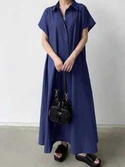 Women's Shirt Dress Casual Dress Maxi Long Dress Outdoor Daily Cotton Linen Basic Classic Shirt Collar Button Short Sleeve Summer Spring 2023 Loose Fit Navy Blue Brown Green Pure Color S M L XL XXL -HANA Luxury Wear Shop fxbujl1688542125270