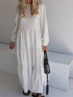 Women's Casual Dress Cotton Linen Dress Swing Dress Maxi Long Dress Linen / Cotton Blend Fashion Modern Outdoor Daily Vacation Crew Neck Ruched Ruffle Long Sleeve Summer Spring Fall 2023 Slim Black -HANA Luxury Wear Shop fxjbyk1689651678926