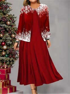 Women's Plus Size Two Piece Dress Set Casual Dress Swing Dress Outdoor Office Fashion Streetwear Print Midi Dress Crew Neck Long Sleeve Snowflake Regular Fit Red Blue Purple Fall Winter L XL XXL 3XL -HANA Luxury Wear Shop fxkoon1697614013804