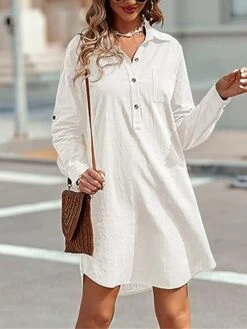 Women's Shirt Dress Casual Dress Mini Dress Outdoor Daily Cotton Linen Basic Classic Shirt Collar Button Pocket Long Sleeve Summer Spring Fall 2023 Loose Fit Black White Pink Pure Color S M L XL 2XL -HANA Luxury Wear Shop fxxehd1691465488698