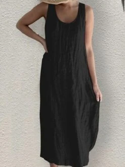 Women's Casual Dress Cotton Linen Dress Shift Dress Midi Dress Bamboo Modern Casual Daily U Neck Ruched Sleeveless Summer Spring 2023 Regular Fit Black White Pink Pure Color S M L XL 2XL -HANA Luxury Wear Shop fyromn1682564078755