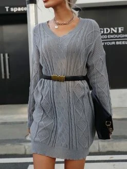 Women's Sweater Dress Jumper Dress Casual Dress Mini Dress Warm Pure Color Outdoor Casual Daily Going Out V Neck Long Sleeve 2023 Loose Fit Gray S M L -HANA Luxury Wear Shop fyvubl1695194440938