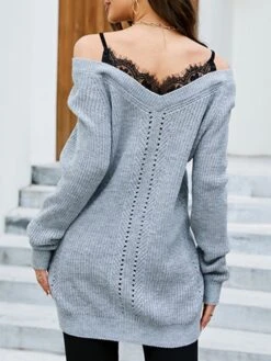 Women's Sweater Dress Winter Dress Jumper Dress Mini Dress Patchwork Cold Shoulder Daily Date Going Out Active Fashion V Neck Long Sleeve 2023 Loose Fit Black Blue Gray Color S M L XL Size -HANA Luxury Wear Shop fzukkq1692857015845