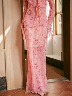 Women's Two Piece Dress Set Casual Dress Skirt Set Outdoor Daily Fashion Streetwear Print Long Dress Maxi Dress V Neck Long Sleeve Floral Slim Pink Green Fall S M L -HANA Luxury Wear Shop gacsyj1693278425142