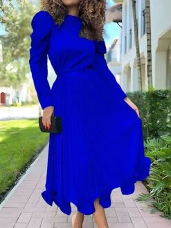 Women's Two Piece Dress Set Party Dress Skirt Set Party Wedding Guest Fashion Party Pleated Ruffle Midi Dress Stand Collar Long Sleeve Plain Loose Fit White Yellow Red Fall Winter S M L XL XXL -HANA Luxury Wear Shop gbawzn1697597415646