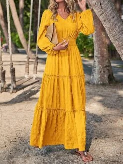 Women's Casual Dress Cotton Linen Dress Swing Dress Midi Dress Polyester Fashion Modern Outdoor Daily Vacation V Neck Ruched Ruffle Long Sleeve Summer Spring Fall 2023 Loose Fit Black Yellow Blue -HANA Luxury Wear Shop gceblj1691040677360