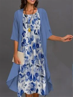 Women's Two Piece Dress Set Casual Dress Print Dress Outdoor Daily Fashion Elegant Print Midi Dress Crew Neck 3/4 Length Sleeve Floral Loose Fit Pink Navy Blue Royal Blue Summer Spring S M L XL XXL -HANA Luxury Wear Shop gcmrnq1689230898794
