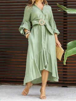 Women's Shirt Dress Casual Dress Swing Dress Maxi Long Dress Outdoor Office Daily Polyester Fashion Elegant Shirt Collar Ruffle Button 3/4 Length Sleeve Summer Spring Fall 2023 Loose Fit Blue Green -HANA Luxury Wear Shop gczxkw1688632148707