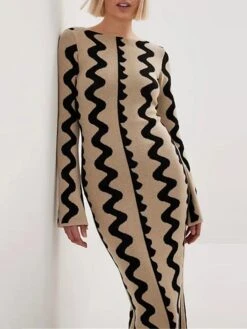 Women's Sweater Dress Winter Dress Jumper Dress Long Dress Maxi Dress Active Stripe Print Outdoor Street Daily Vacation Crew Neck Long Sleeve Print 2023 Slim Black Khaki S M L XL -HANA Luxury Wear Shop gdehxh1695111721519