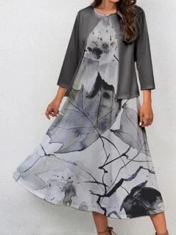 Women's Two Piece Dress Set Casual Dress Swing Dress Outdoor Office Fashion Streetwear Print Midi Dress Crew Neck 3/4 Length Sleeve Leaf Regular Fit Yellow Green Gray Fall Winter S M L XL XXL -HANA Luxury Wear Shop gdgzix1697681154077